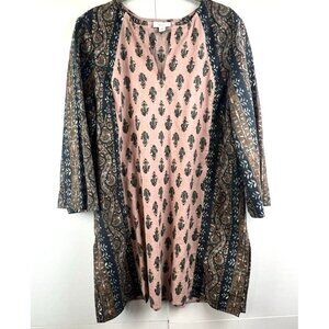 Pure Jill J Jill Top Size M Mixed Print Linen Cotton Blend Split‎ Hem 3/4 Sleeve